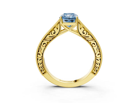 Yellow gold Fancy Blue Radiant Cut Cut Pave Band Milgrain Solitaire Ring_3