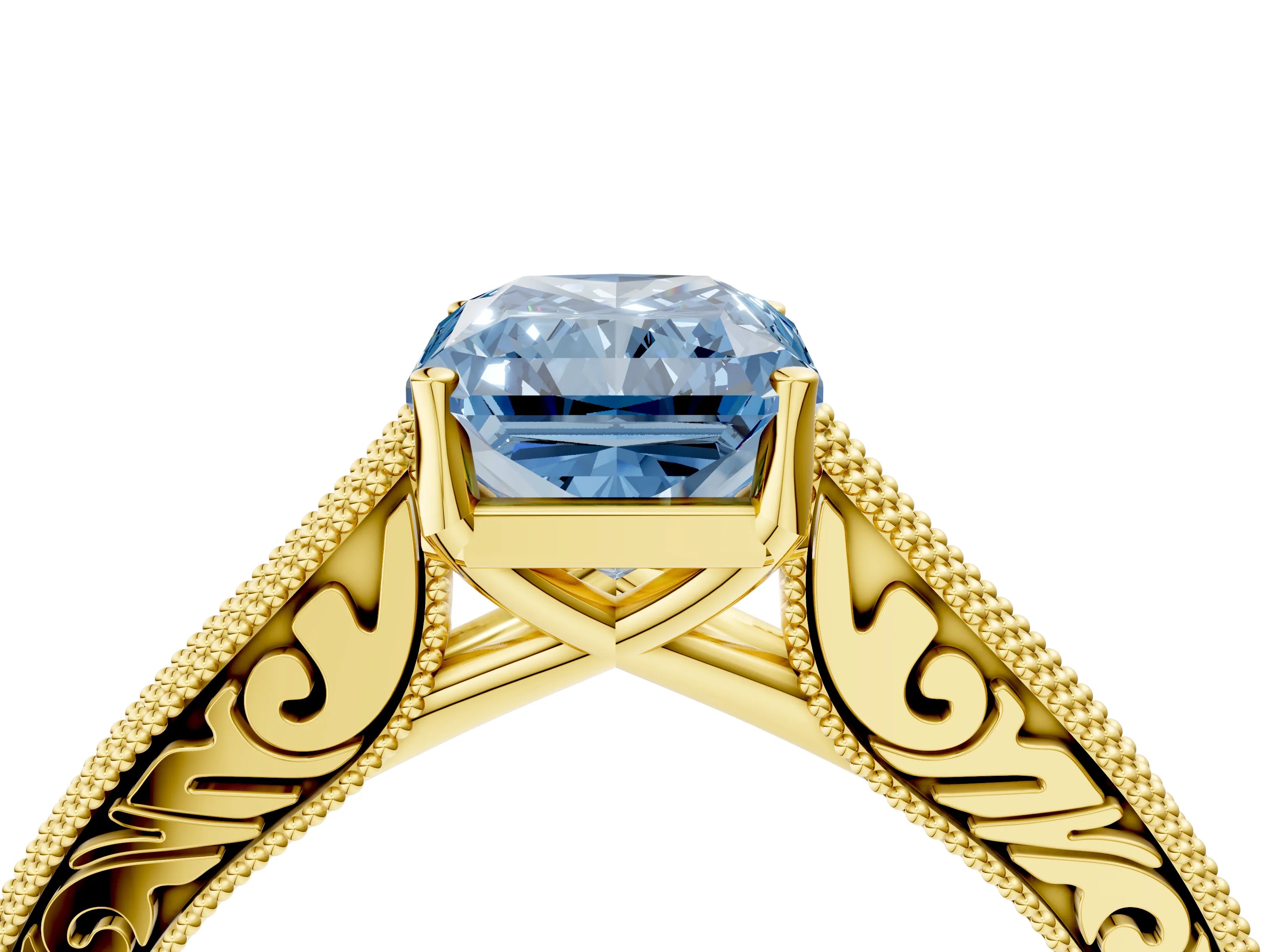Yellow gold Fancy Blue Radiant Cut Cut Pave Band Milgrain Solitaire Ring_4