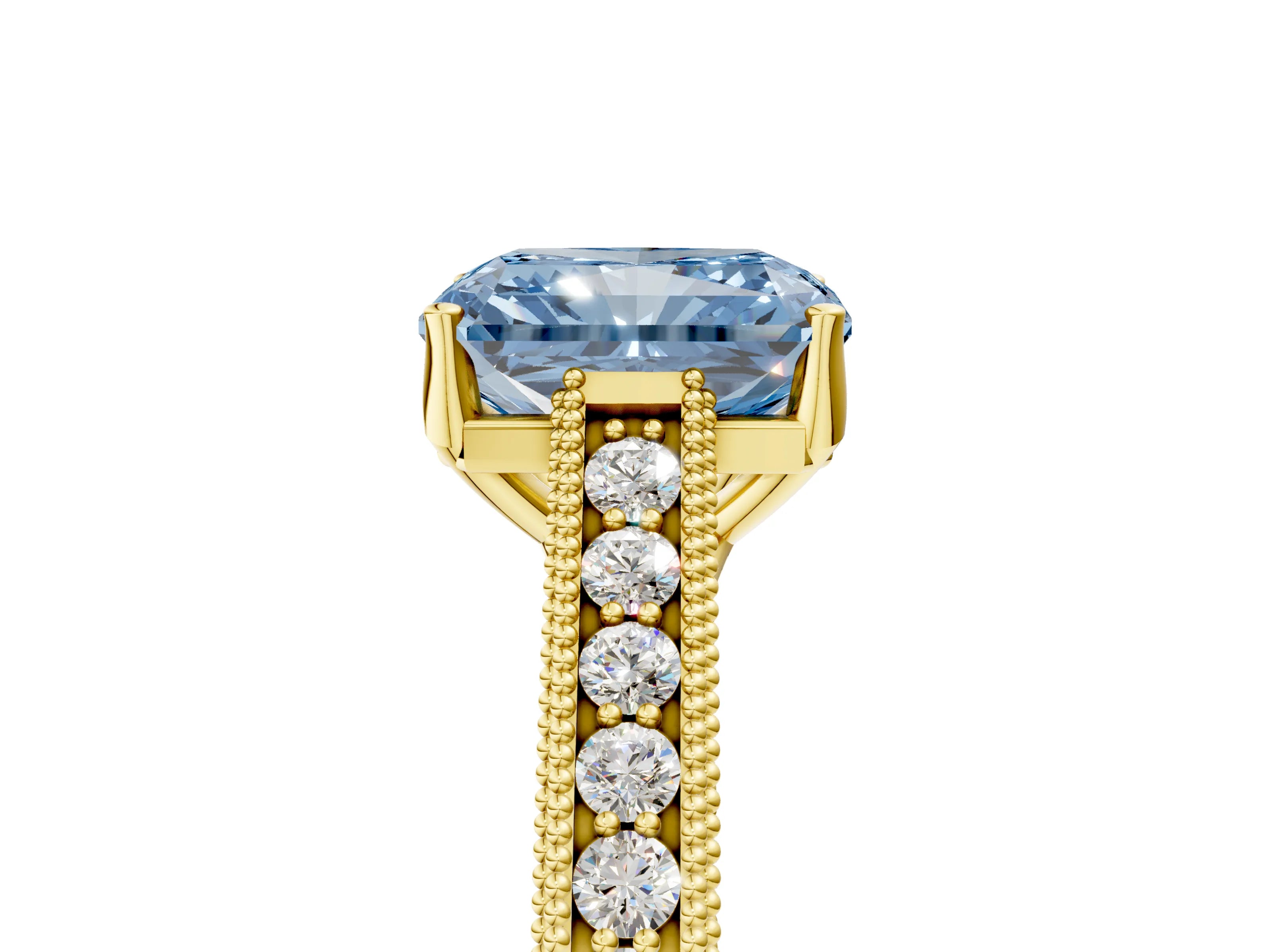 Yellow gold Fancy Blue Radiant Cut Cut Pave Band Milgrain Solitaire Ring_5