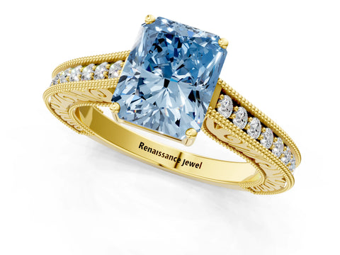 Yellow gold Fancy Blue Radiant Cut Cut Pave Band Milgrain Solitaire Ring_8