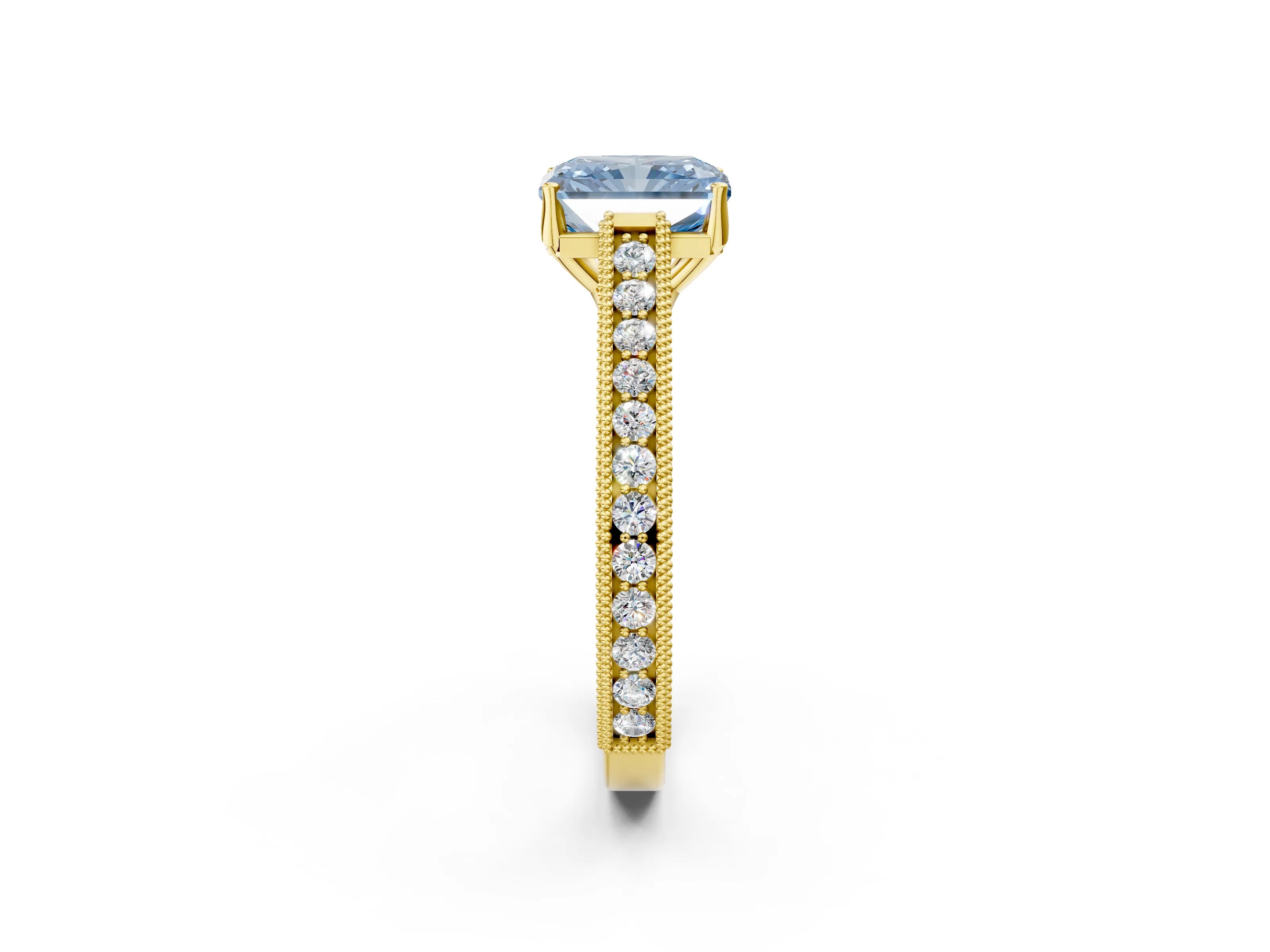 Yellow gold Fancy Blue Radiant Cut Cut Pave Band Milgrain Solitaire Ring_9