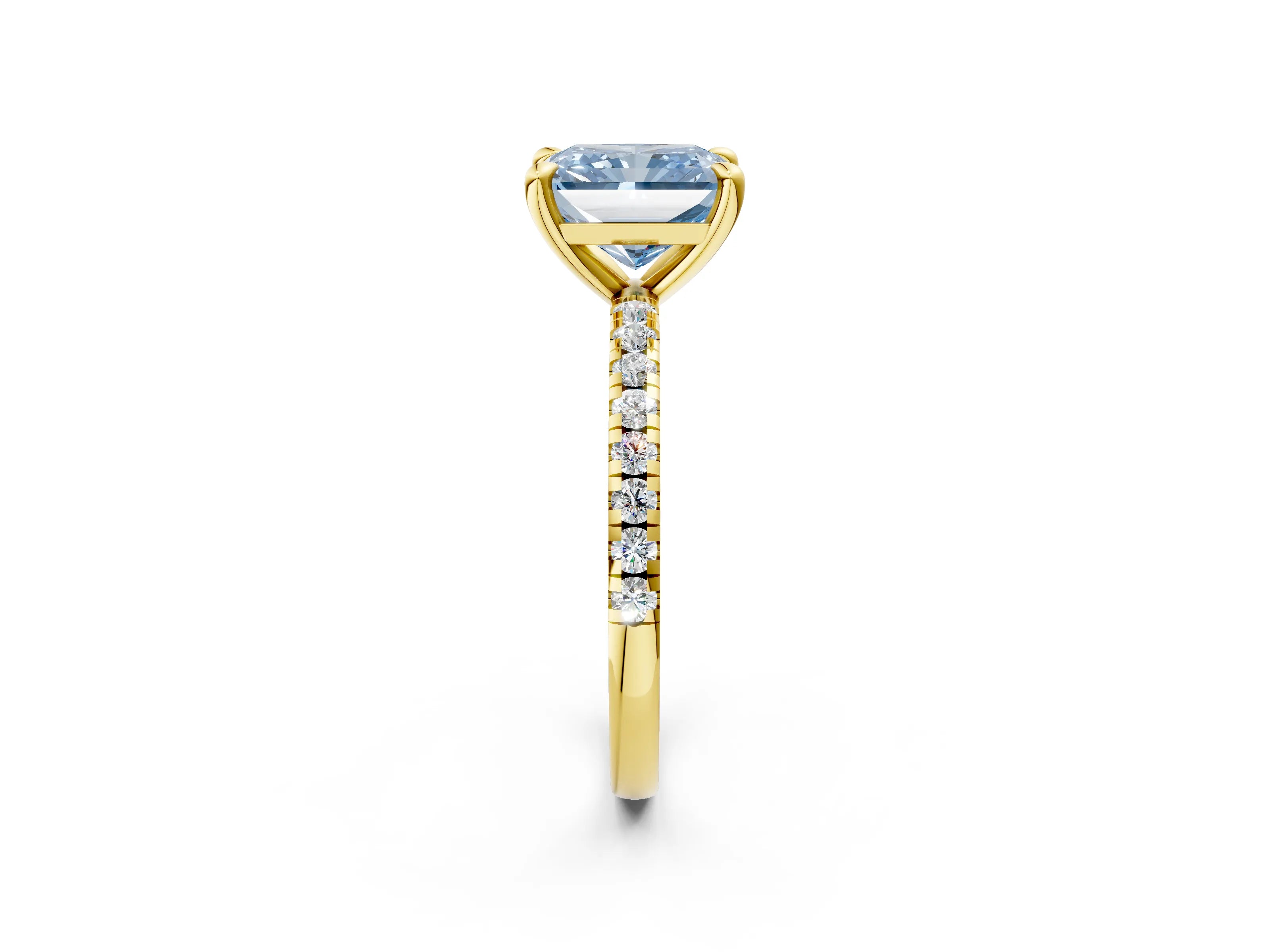 Yellow gold Fancy Blue Radiant Cut Diamond Brilliant Solitaire Ring with Pavé Band and Four-Prong Setting_2