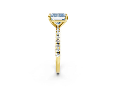 Yellow gold Fancy Blue Radiant Cut Diamond Brilliant Solitaire Ring with Pavé Band and Four-Prong Setting_2