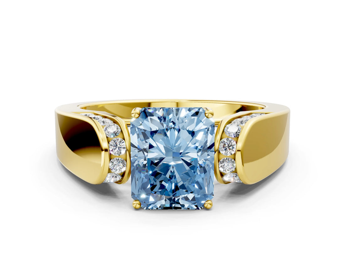 Yellow gold Fancy Blue Radiant Cut Diamond Channel Set Solitaire Ring with Four-Prong Setting_12