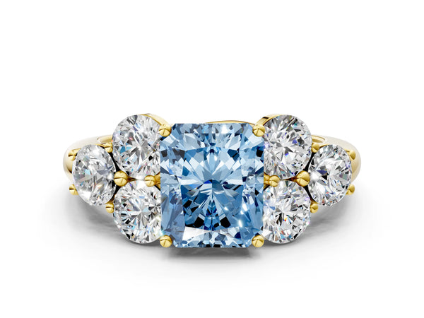 Yellow gold Fancy Blue Radiant  Cut Diamond Cluster Ring with Round Accent Stones and Prong Setting on a Classic Band