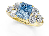 Yellow gold Fancy Blue Radiant  Cut Diamond Cluster Ring with Round Accent Stones and Prong Setting on a Classic Band_49