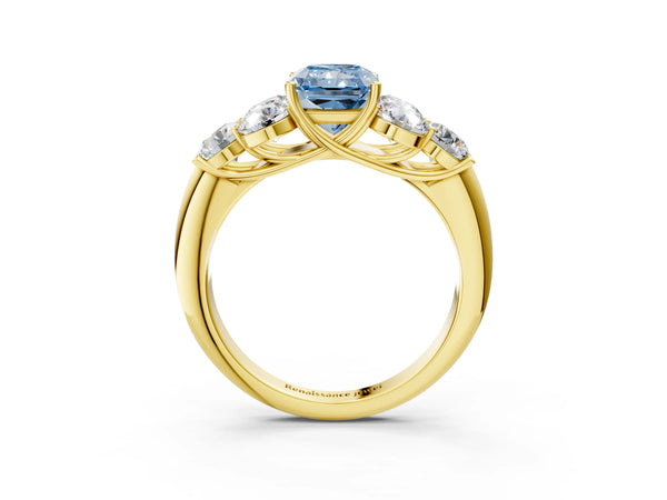 Yellow gold Fancy Blue Radiant  Cut Diamond Cluster Ring with Round Accent Stones and Prong Setting on a Classic Band