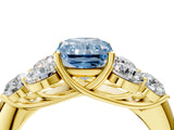 Yellow gold Fancy Blue Radiant  Cut Diamond Cluster Ring with Round Accent Stones and Prong Setting on a Classic Band_52