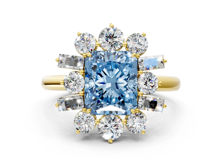 Yellow gold Fancy Blue Radiant Cut Diamond Cluster Ring with Round and Baguette Stones, Split Shank Band, Prong Setting