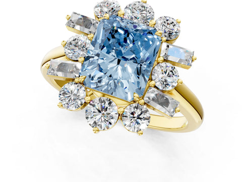 Yellow gold Fancy Blue Radiant Cut Diamond Cluster Ring with Round and Baguette Stones, Split Shank Band, Prong Setting_1