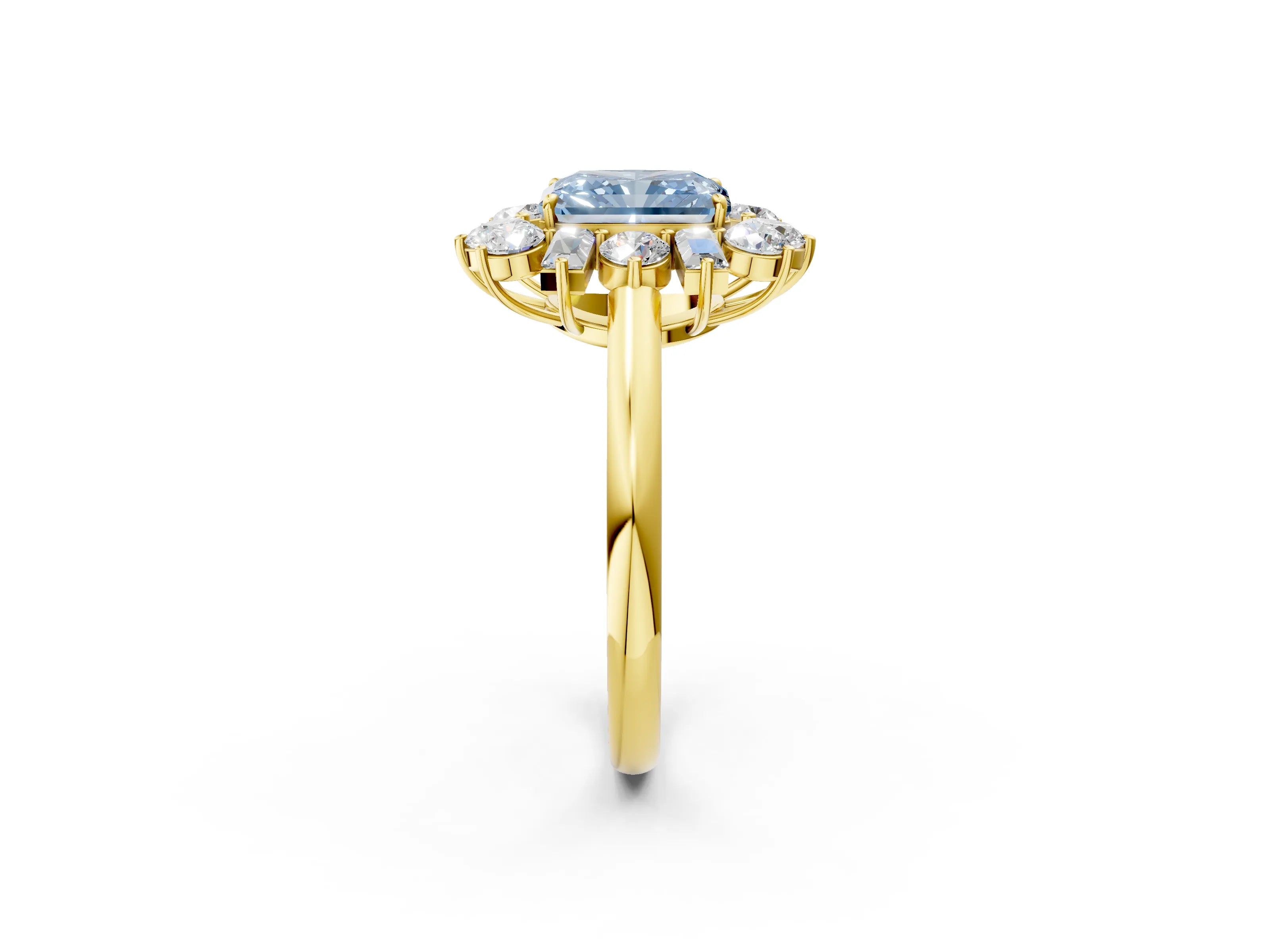 Yellow gold Fancy Blue Radiant Cut Diamond Cluster Ring with Round and Baguette Stones, Split Shank Band, Prong Setting_2