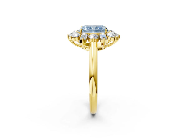 Yellow gold Fancy Blue Radiant Cut Diamond Cluster Ring with Round and Baguette Stones, Split Shank Band, Prong Setting