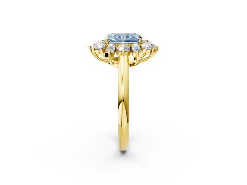 Yellow gold Fancy Blue Radiant Cut Diamond Cluster Ring with Round and Baguette Stones, Split Shank Band, Prong Setting_2