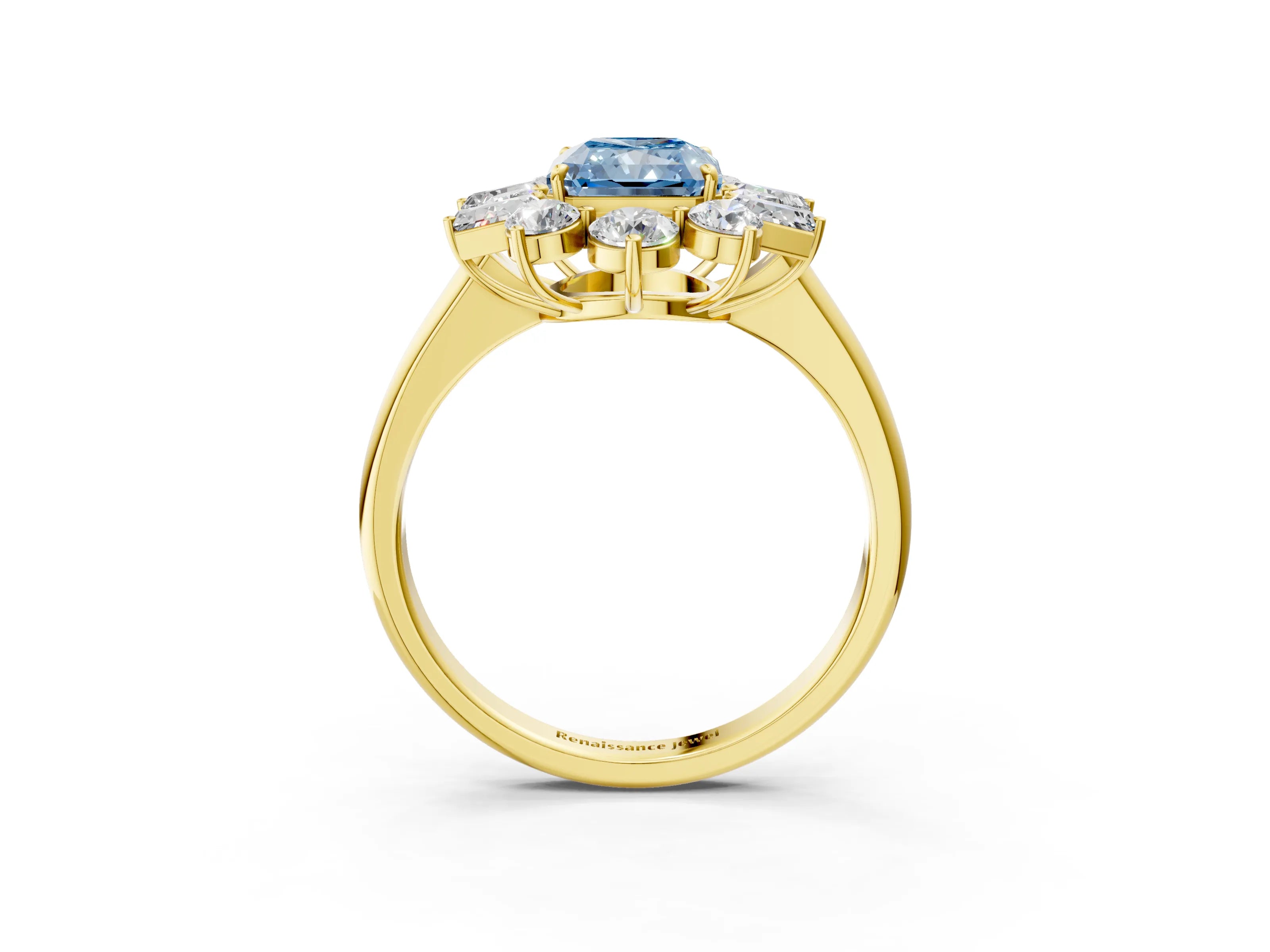 Yellow gold Fancy Blue Radiant Cut Diamond Cluster Ring with Round and Baguette Stones, Split Shank Band, Prong Setting_3