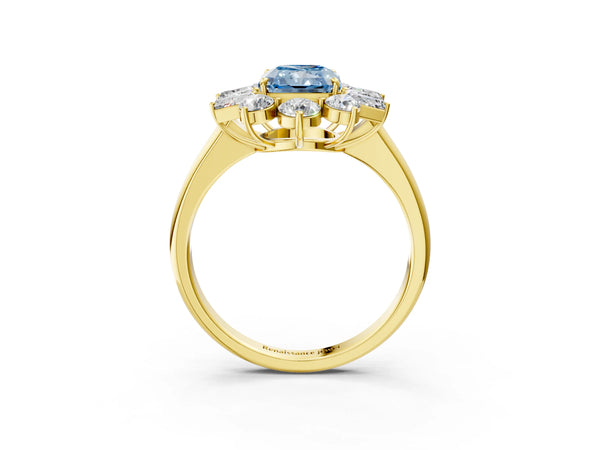 Yellow gold Fancy Blue Radiant Cut Diamond Cluster Ring with Round and Baguette Stones, Split Shank Band, Prong Setting