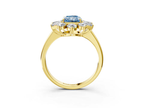 Yellow gold Fancy Blue Radiant Cut Diamond Cluster Ring with Round and Baguette Stones, Split Shank Band, Prong Setting_3