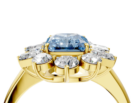 Yellow gold Fancy Blue Radiant Cut Diamond Cluster Ring with Round and Baguette Stones, Split Shank Band, Prong Setting_4