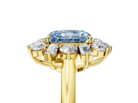 Yellow gold Fancy Blue Radiant Cut Diamond Cluster Ring with Round and Baguette Stones, Split Shank Band, Prong Setting_5