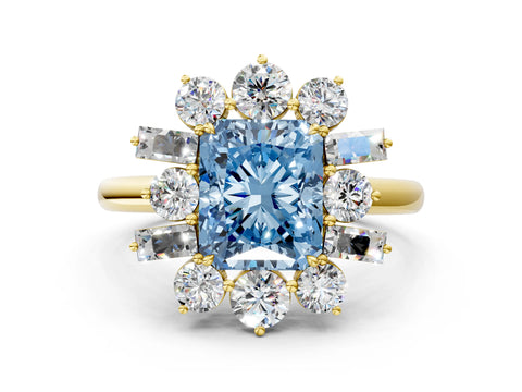 Yellow gold Fancy Blue Radiant Cut Diamond Cluster Ring with Round and Baguette Stones, Split Shank Band, Prong Setting