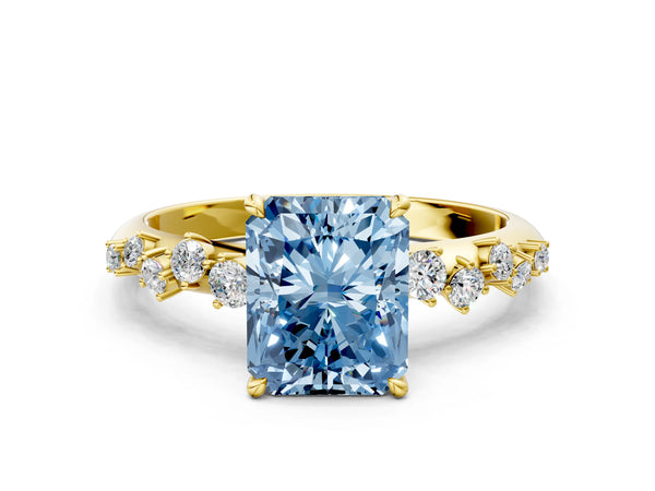 Yellow gold Fancy Blue Radiant Cut Diamond Cluster Side Stone Solitaire Ring with Prong Setting