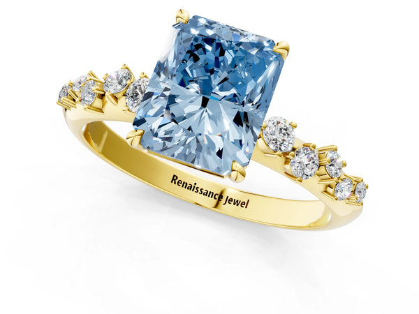 Yellow gold Fancy Blue Radiant Cut Diamond Cluster Side Stone Solitaire Ring with Prong Setting