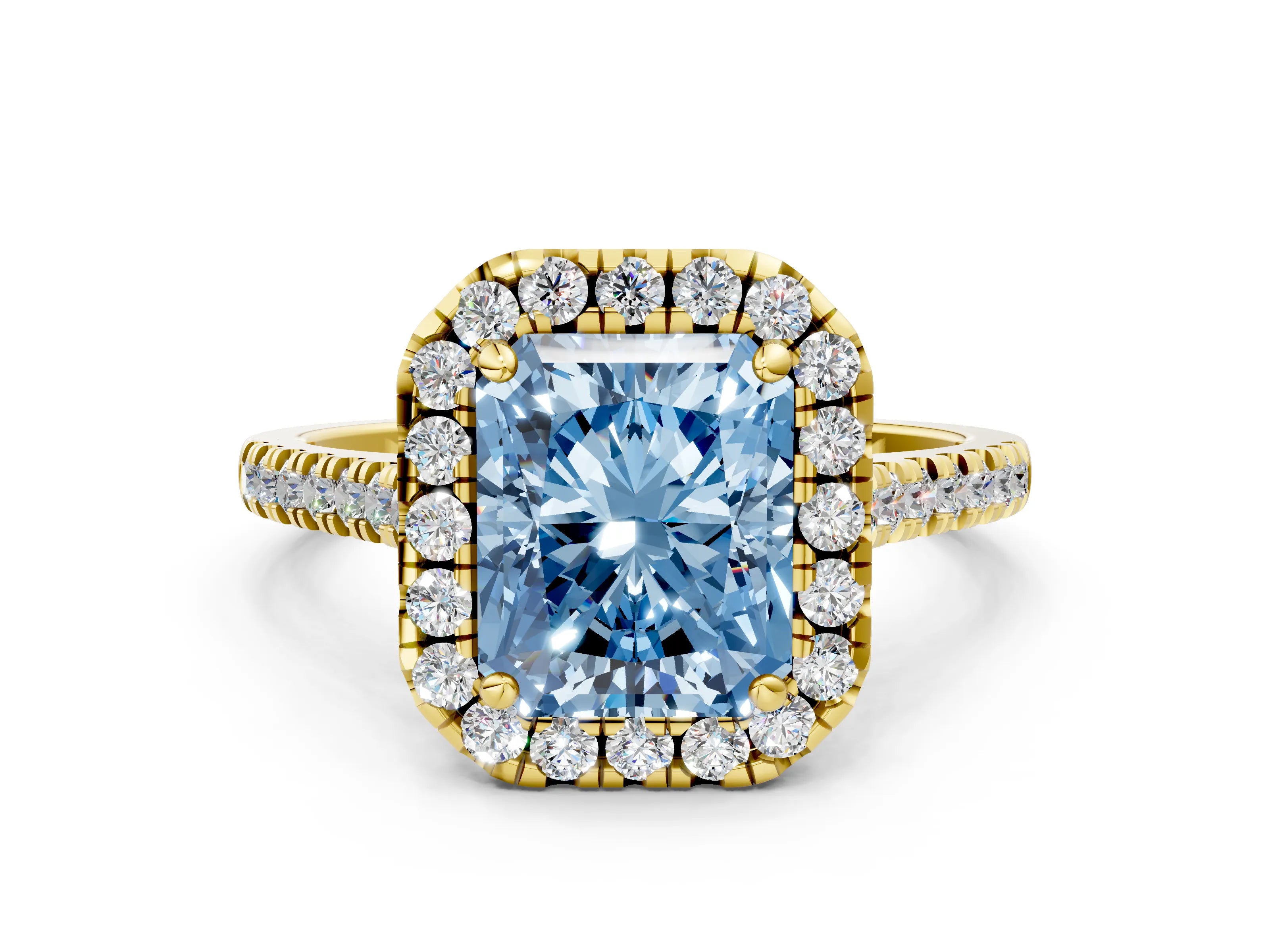 Yellow gold Fancy Blue Radiant Cut Diamond Cushion Halo Ring with Pavé Band
