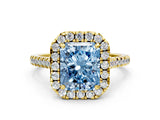 Yellow gold Fancy Blue Radiant Cut Diamond Cushion Halo Ring with Pavé Band