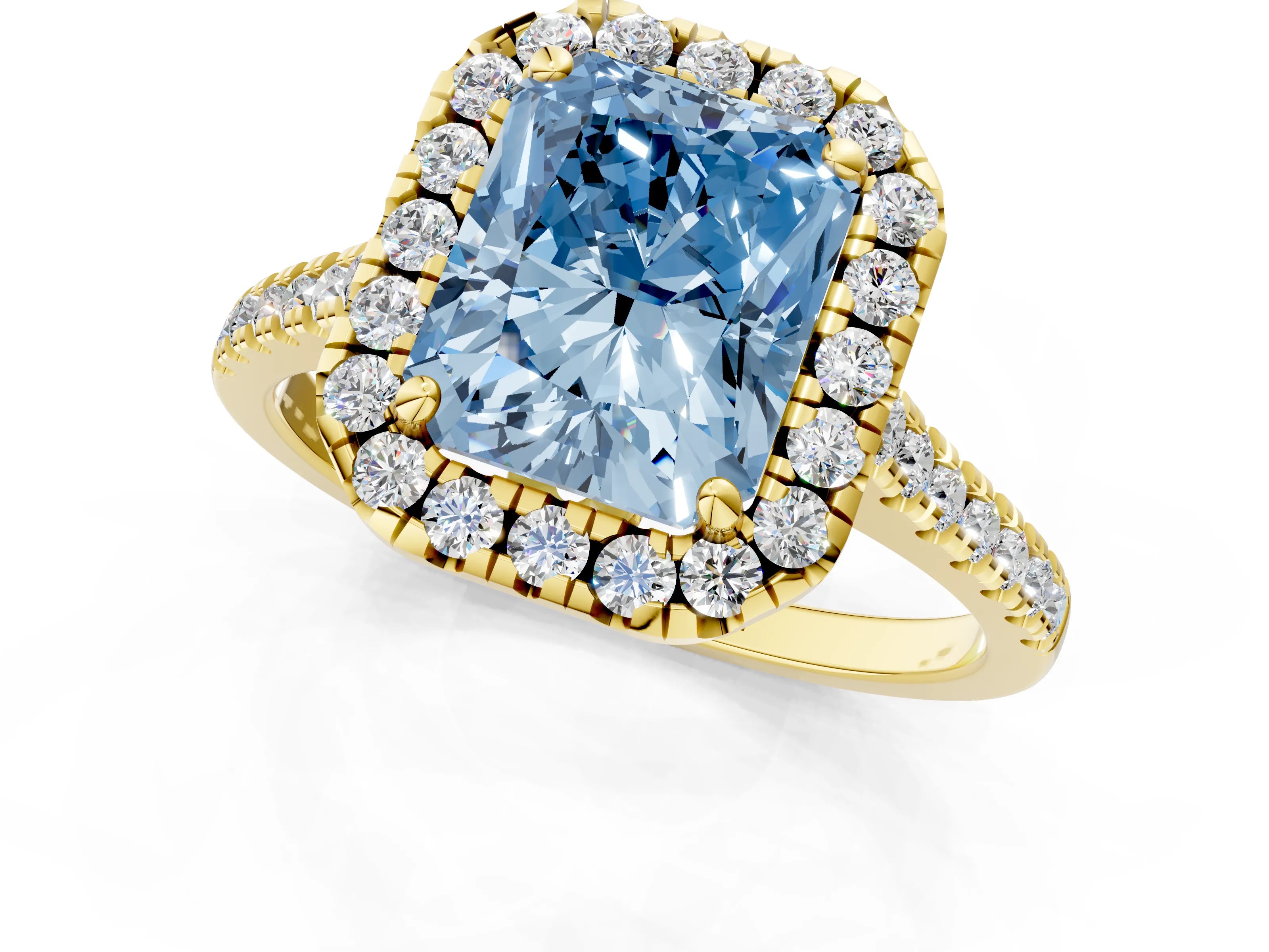 Yellow gold Fancy Blue Radiant Cut Diamond Cushion Halo Ring with Pavé Band_1