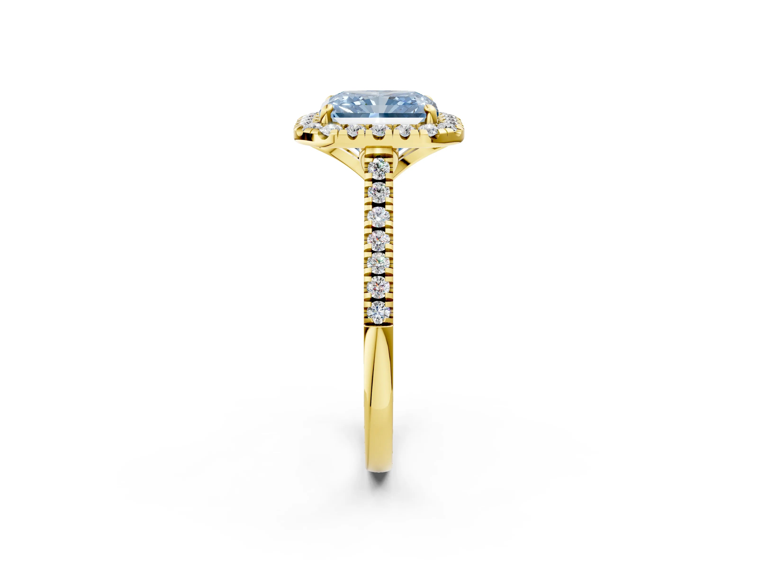 Yellow gold Fancy Blue Radiant Cut Diamond Cushion Halo Ring with Pavé Band_2