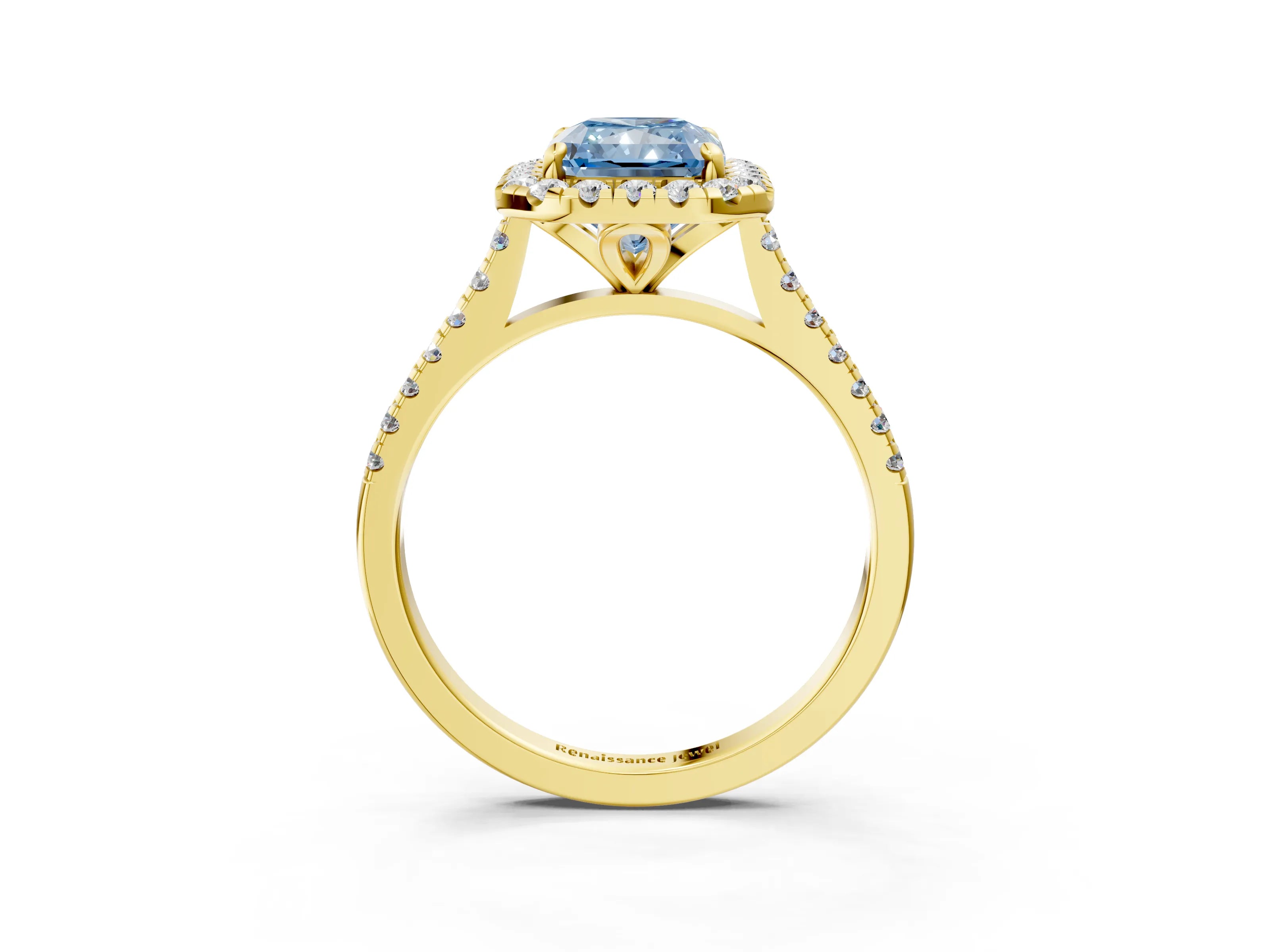 Yellow gold Fancy Blue Radiant Cut Diamond Cushion Halo Ring with Pavé Band_3