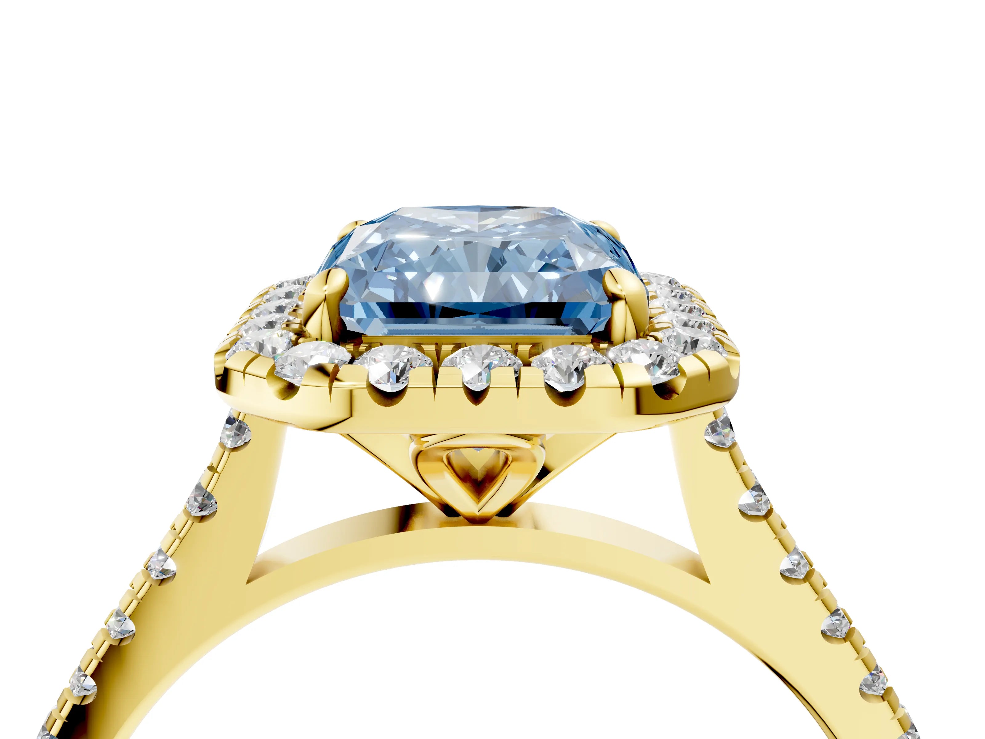 Yellow gold Fancy Blue Radiant Cut Diamond Cushion Halo Ring with Pavé Band_4