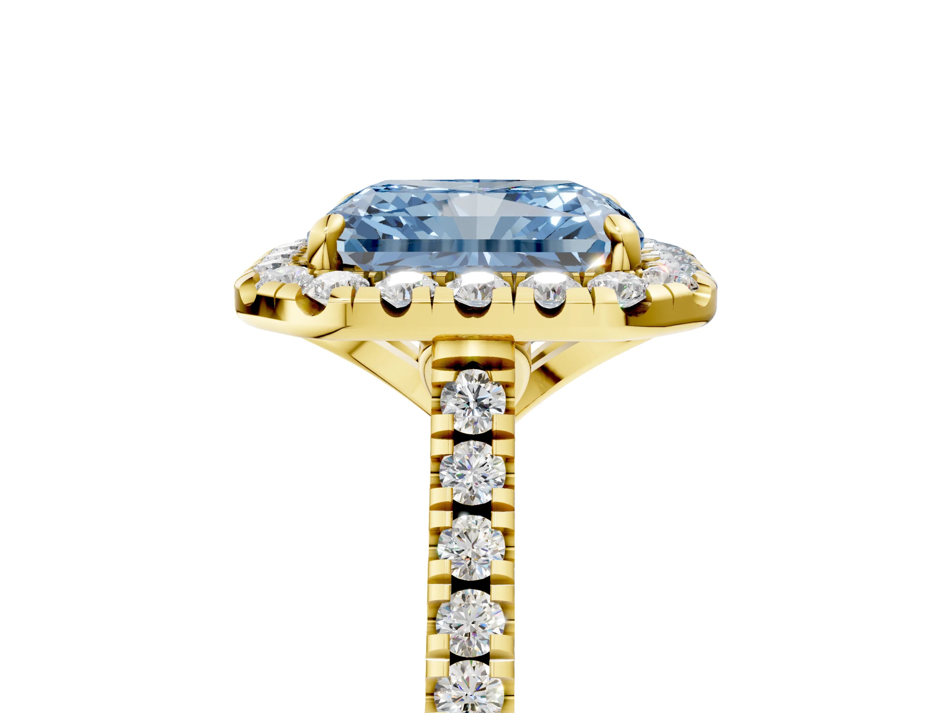 Yellow gold Fancy Blue Radiant Cut Diamond Cushion Halo Ring with Pavé Band_5