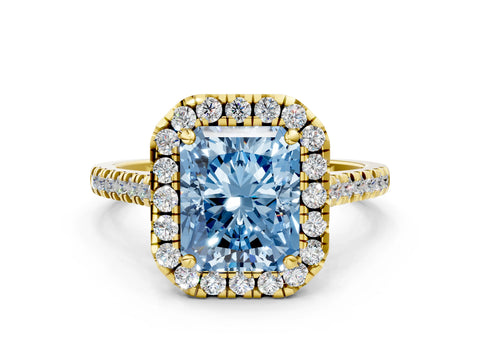 Yellow gold Fancy Blue Radiant Cut Diamond Cushion Halo Ring with Pavé Band