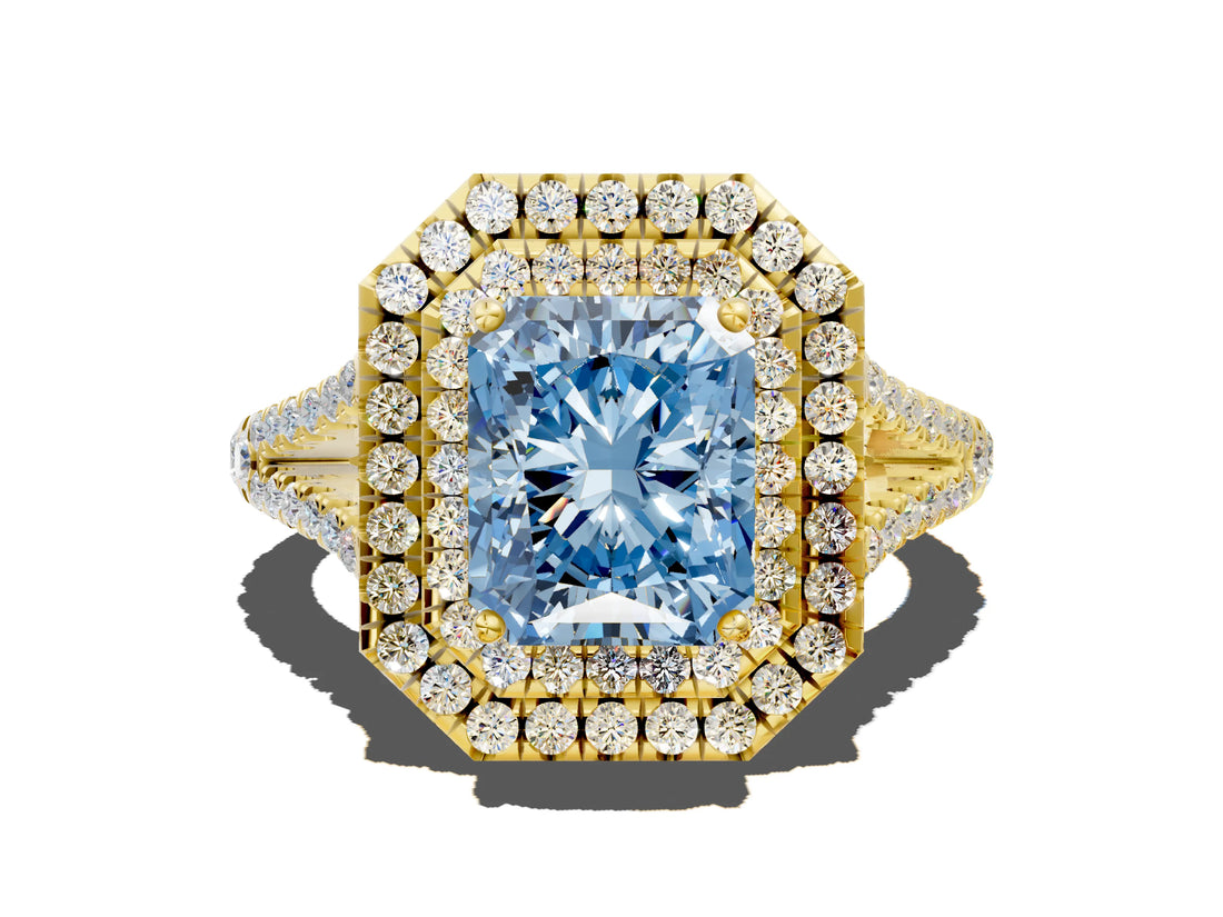 Yellow gold Fancy Blue Radiant Cut Diamond Double Halo Ring with Pavé Band and Prong Setting_89