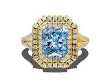 Yellow gold Fancy Blue Radiant Cut Diamond Double Halo Ring with Pavé Band and Prong Setting_89