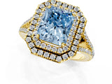 Yellow gold Fancy Blue Radiant Cut Diamond Double Halo Ring with Pavé Band and Prong Setting_90