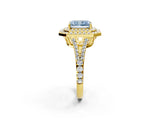 Yellow gold Fancy Blue Radiant Cut Diamond Double Halo Ring with Pavé Band and Prong Setting_91