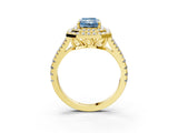 Yellow gold Fancy Blue Radiant Cut Diamond Double Halo Ring with Pavé Band and Prong Setting_92
