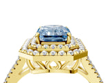 Yellow gold Fancy Blue Radiant Cut Diamond Double Halo Ring with Pavé Band and Prong Setting_93
