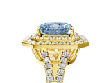 Yellow gold Fancy Blue Radiant Cut Diamond Double Halo Ring with Pavé Band and Prong Setting_94