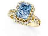 Yellow gold Fancy Blue Radiant Cut Diamond Double Halo Ring with Split Shank and Four-Prong Setting_1