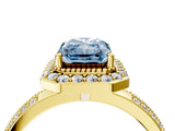 Yellow gold Fancy Blue Radiant Cut Diamond Double Halo Ring with Split Shank and Four-Prong Setting_4