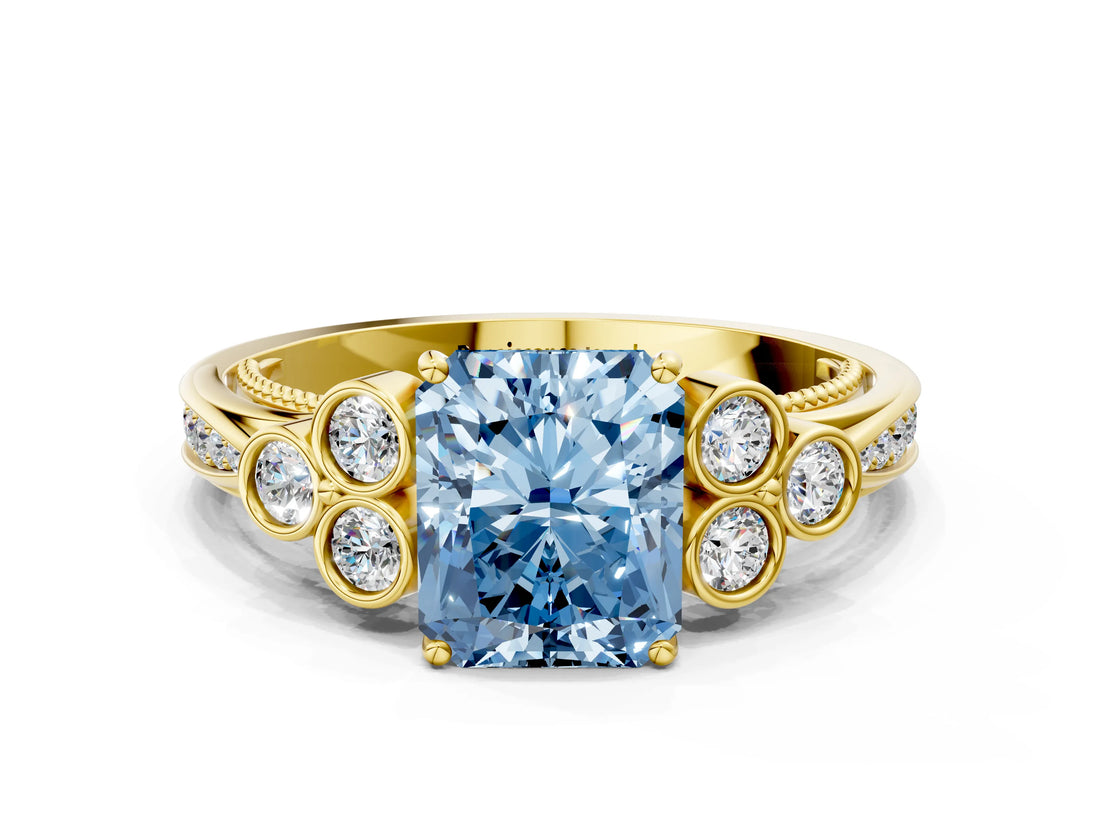 Yellow gold Fancy Blue Radiant  Cut Diamond Engagement Ring with Bezel Set Round Side Stones and Prong Setting_49