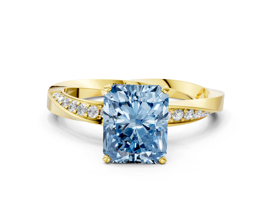 Yellow gold Fancy Blue Radiant Cut Diamond Engagement Ring with Side Stone Accents and Four-Prong Setting_12