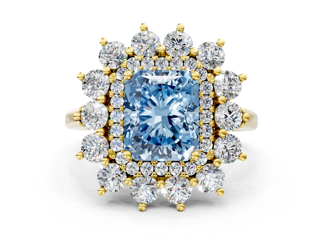 Yellow gold Fancy Blue Radiant Cut Diamond Floral Double Halo Engagement Ring with Prong Setting_24