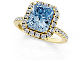 Yellow gold Fancy Blue Radiant  Cut Diamond Floral Halo Engagement Ring with Pavé Band and Prong Setting_38