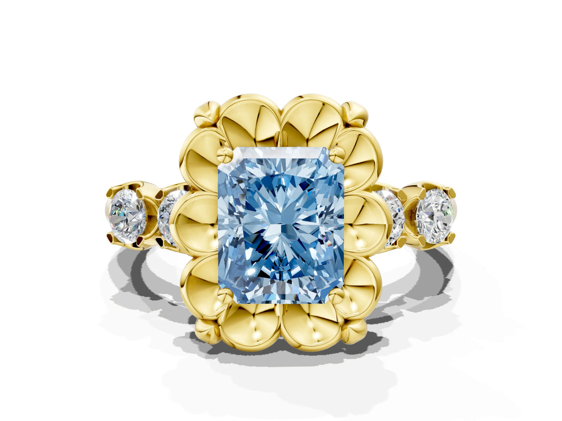 Yellow gold Fancy Blue Radiant  Cut Diamond Floral Halo Engagement Ring with Shared Prong Setting 1