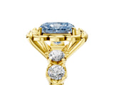 Yellow gold Fancy Blue Radiant  Cut Diamond Floral Halo Engagement Ring with Shared Prong Setting
