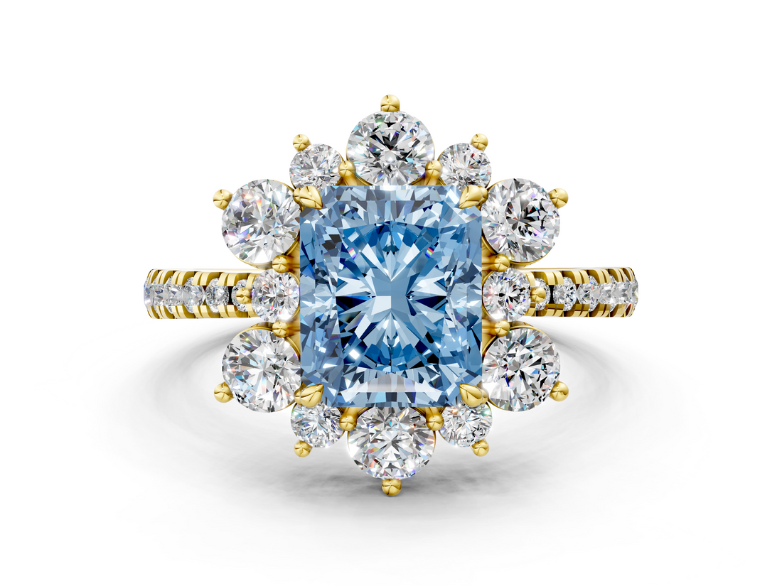 Yellow gold Fancy Blue Radiant  Cut Diamond Floral Halo Pave Band with Prong Setting_37