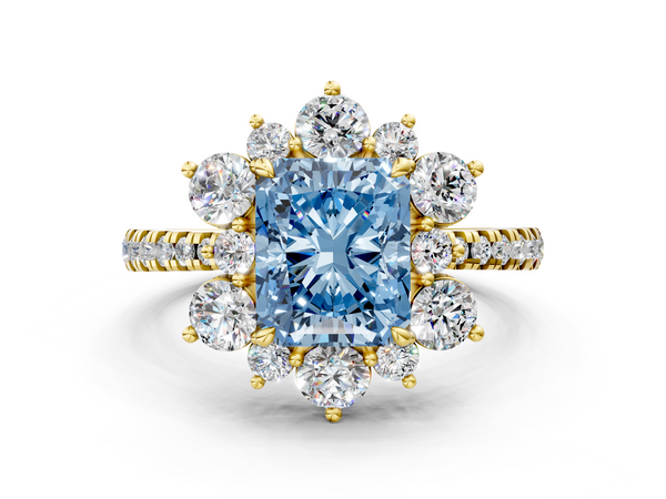 Yellow gold Fancy Blue Radiant  Cut Diamond Floral Halo Pave Band with Prong Setting